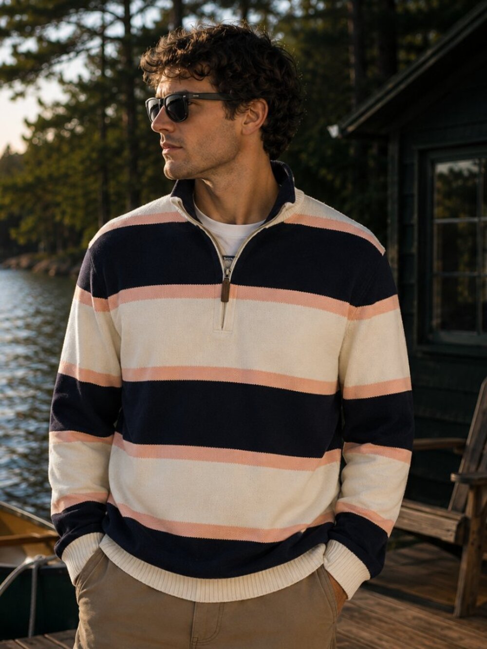 Club Room Striped Half-Zip Sweater | Navy, Cream & Pink
